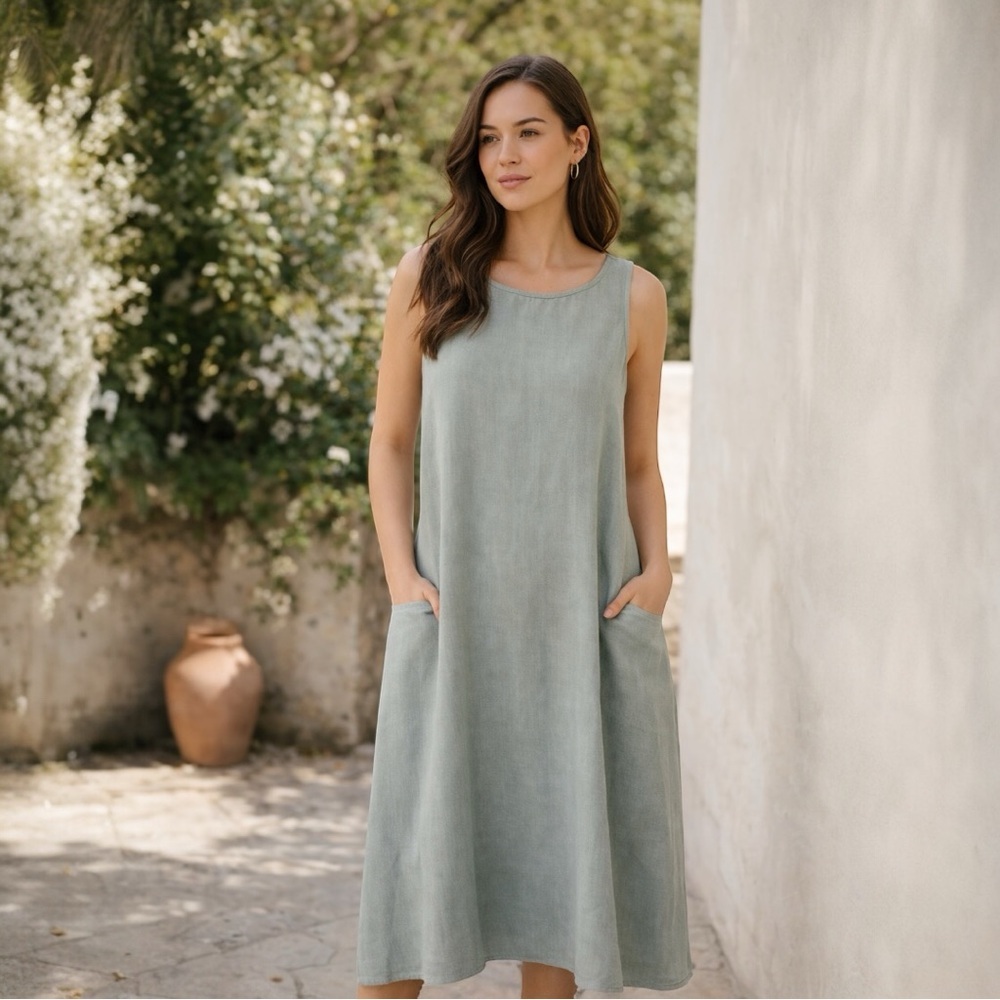 Dolma 100% Linen Sleeveless Shift Dress Gray Pockets Minimalist | Size S/M